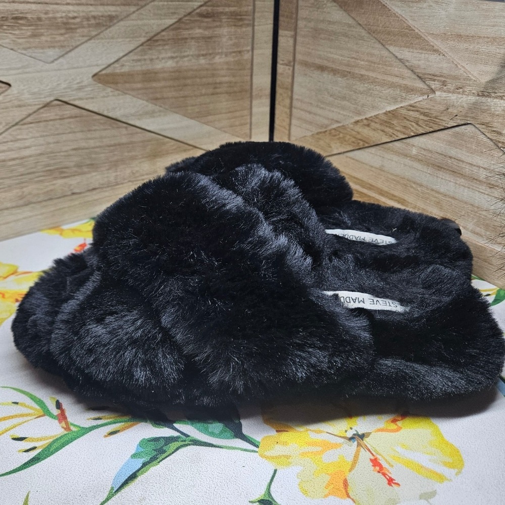 Steve Madden Black Faux Fur Slide Slippers Women Size L 9-10‎ Cozy Comfort #462